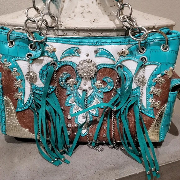 NWOT Cowgirl Trendy Turquoise and Brown Women's Bag w/rhinestones - Picture 2 of 7